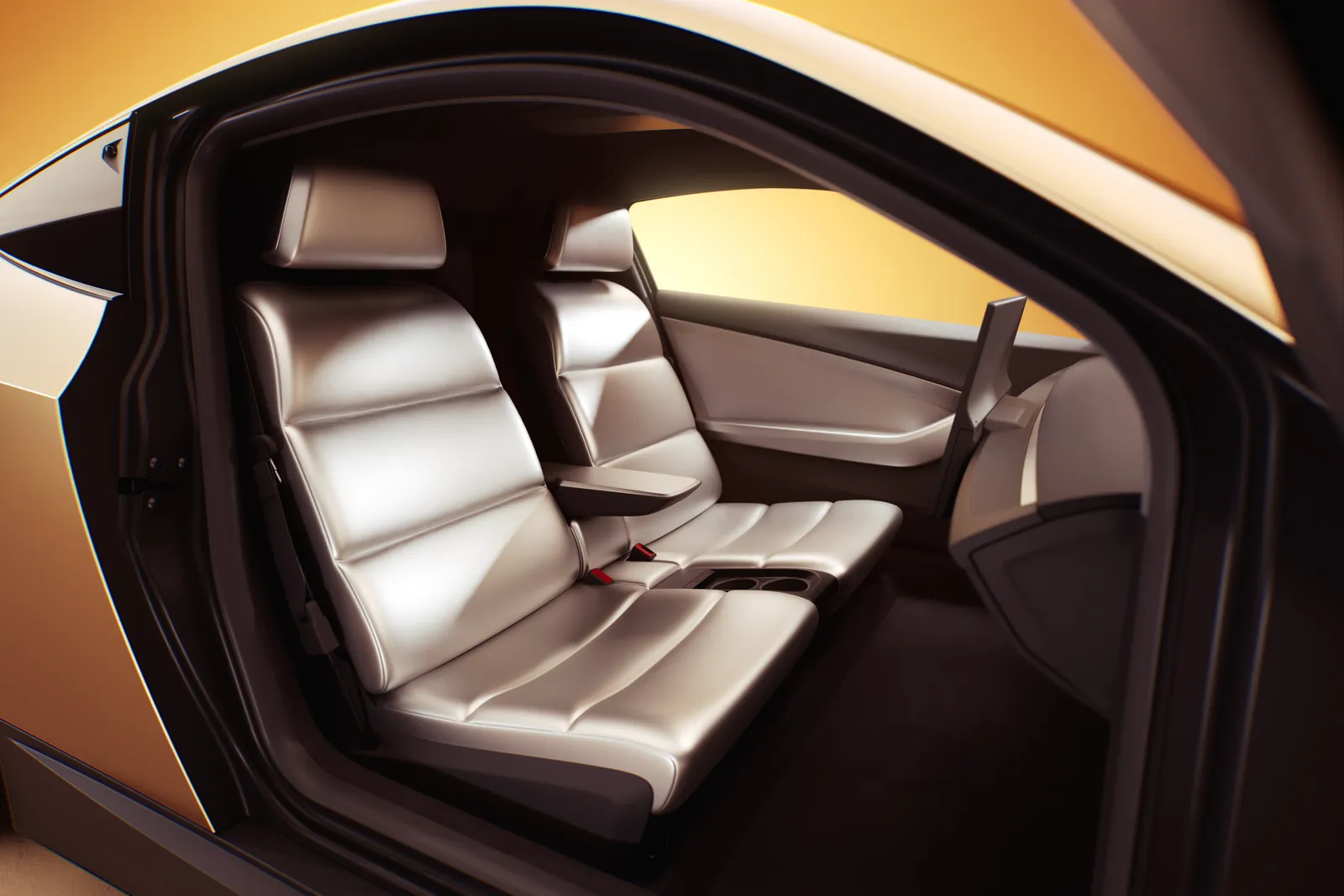 Banquette deux places en cuir clair d’un Tesla Cybercab, vue depuis la portière ouverte.