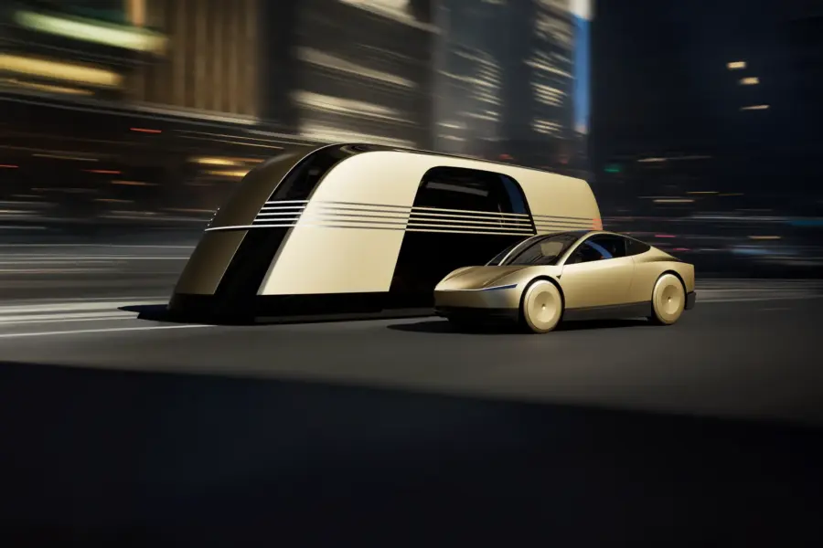 Tesla Cybercab en mouvement de nuit, filé lumineux, passant devant un module d’infrastructure éclairé.