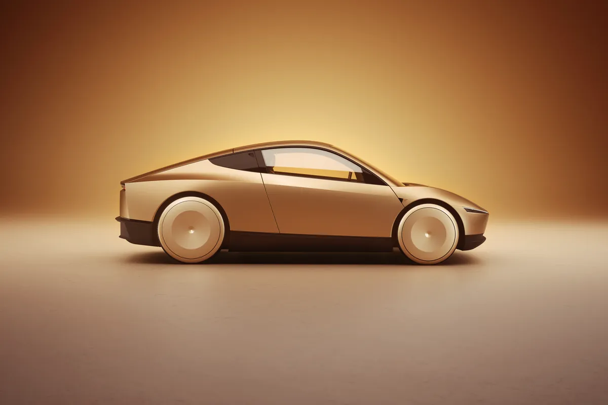 Profil complet d’un Tesla Cybercab deux places sur fond de studio.